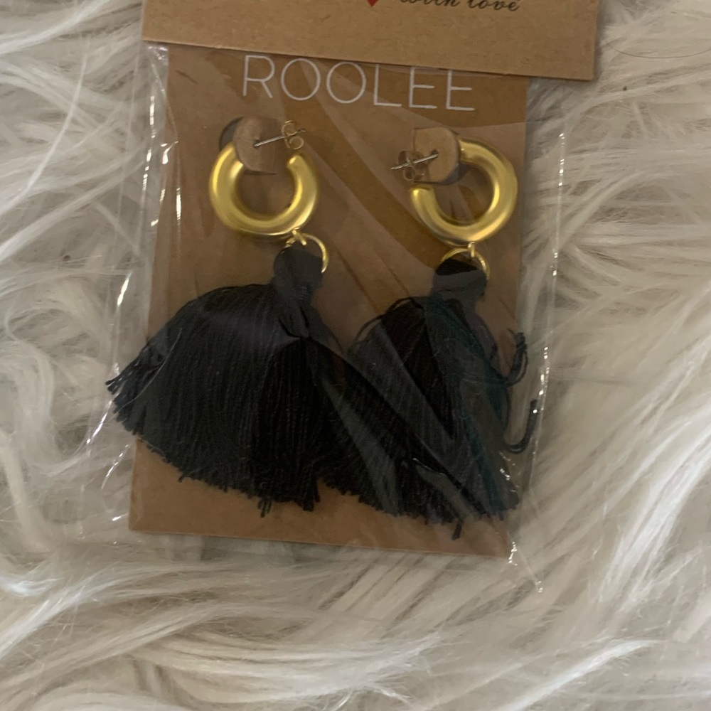ROOLEE Black and Gold Hoop Tassel Earrings